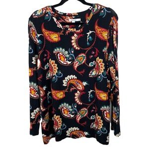 CHICO'S Tunic Top Women's XL Black Paisley Fish Long Sleeve Eclectic Art to Wear